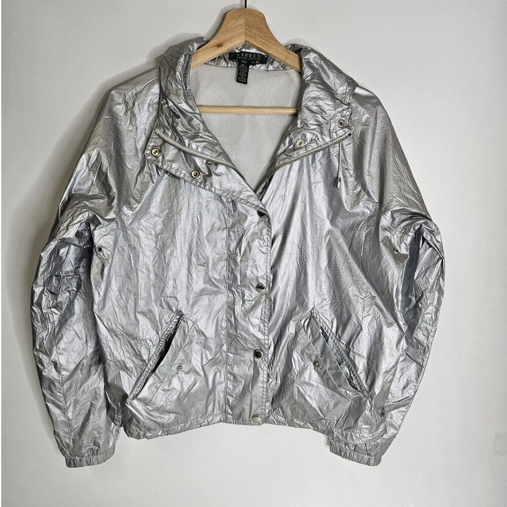 Ralph Lauren Women Silver Foil Metallic Hooded Jacket Windbreaker M Lightweight